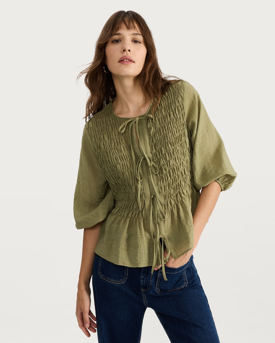 image 1 of F&F Textured Smocked Tie-Front Blouse in Khaki