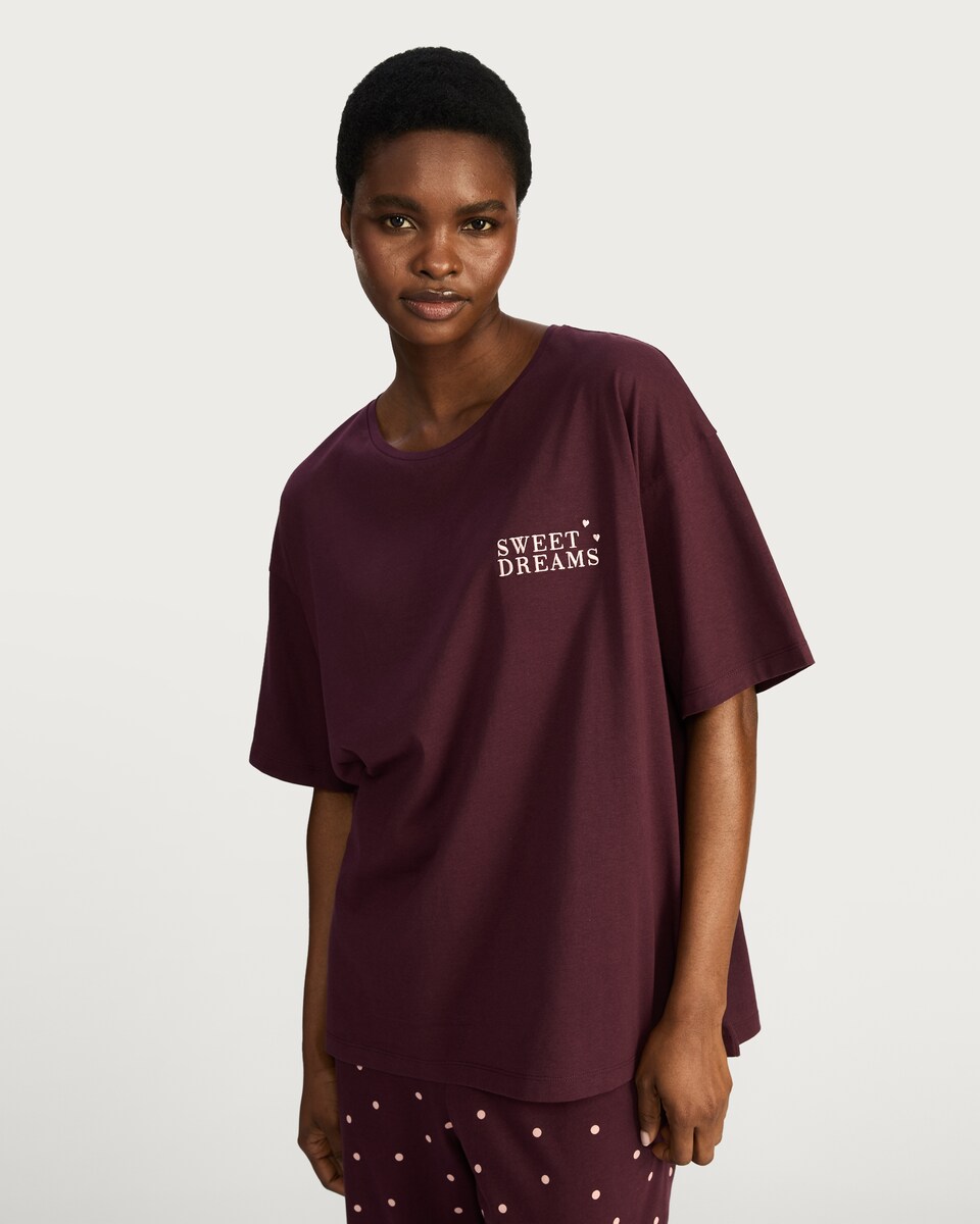 image 1 of F&F Pure Cotton Sweet Dreams Pyjama T-Shirt in Burgundy