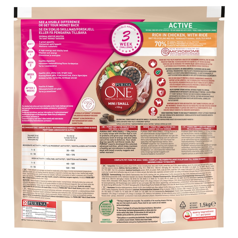 image 1 of Purina One Small Dog Active Chicken With Rice 1.5Kg