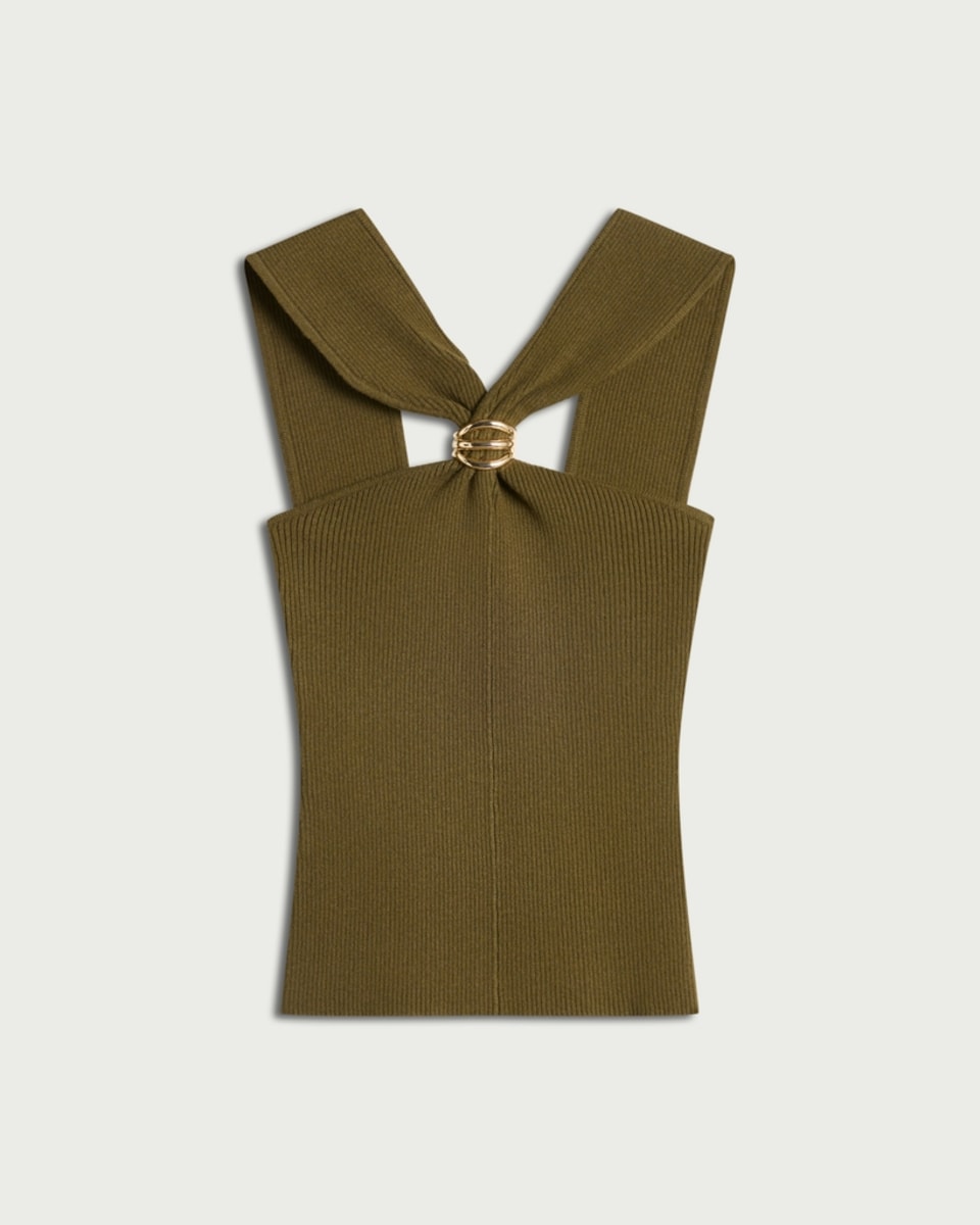image 1 of The F&F Edit Ribbed Halter Neck Cross Over Top in Khaki
