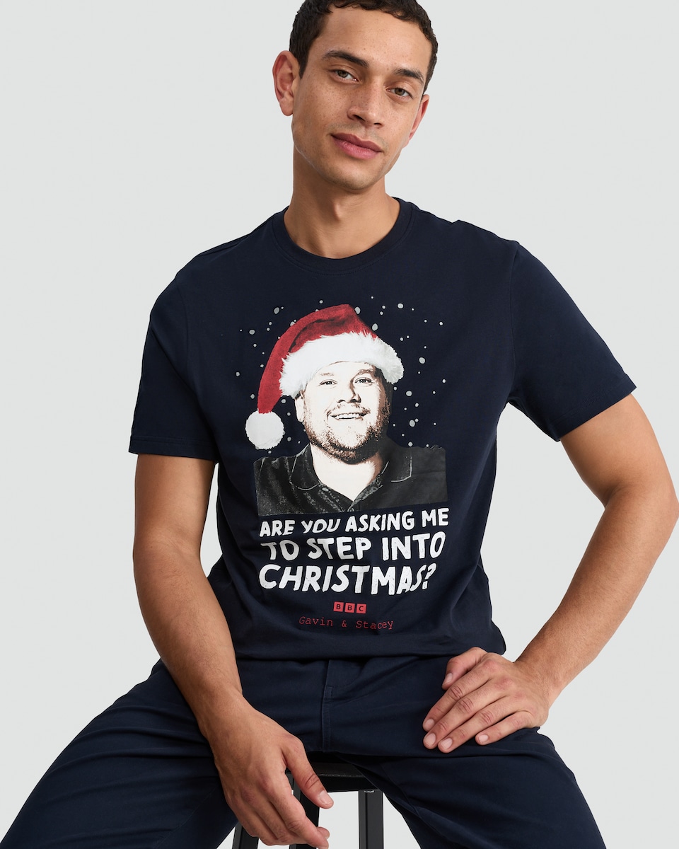 image 1 of Gavin & Stacey Step Into Christmas T-Shirt in Navy