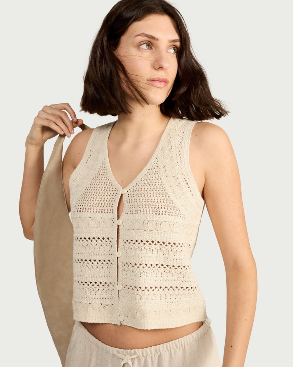 image 1 of F&F Pure Cotton Embroidered Knitted Button Up Top in Cream