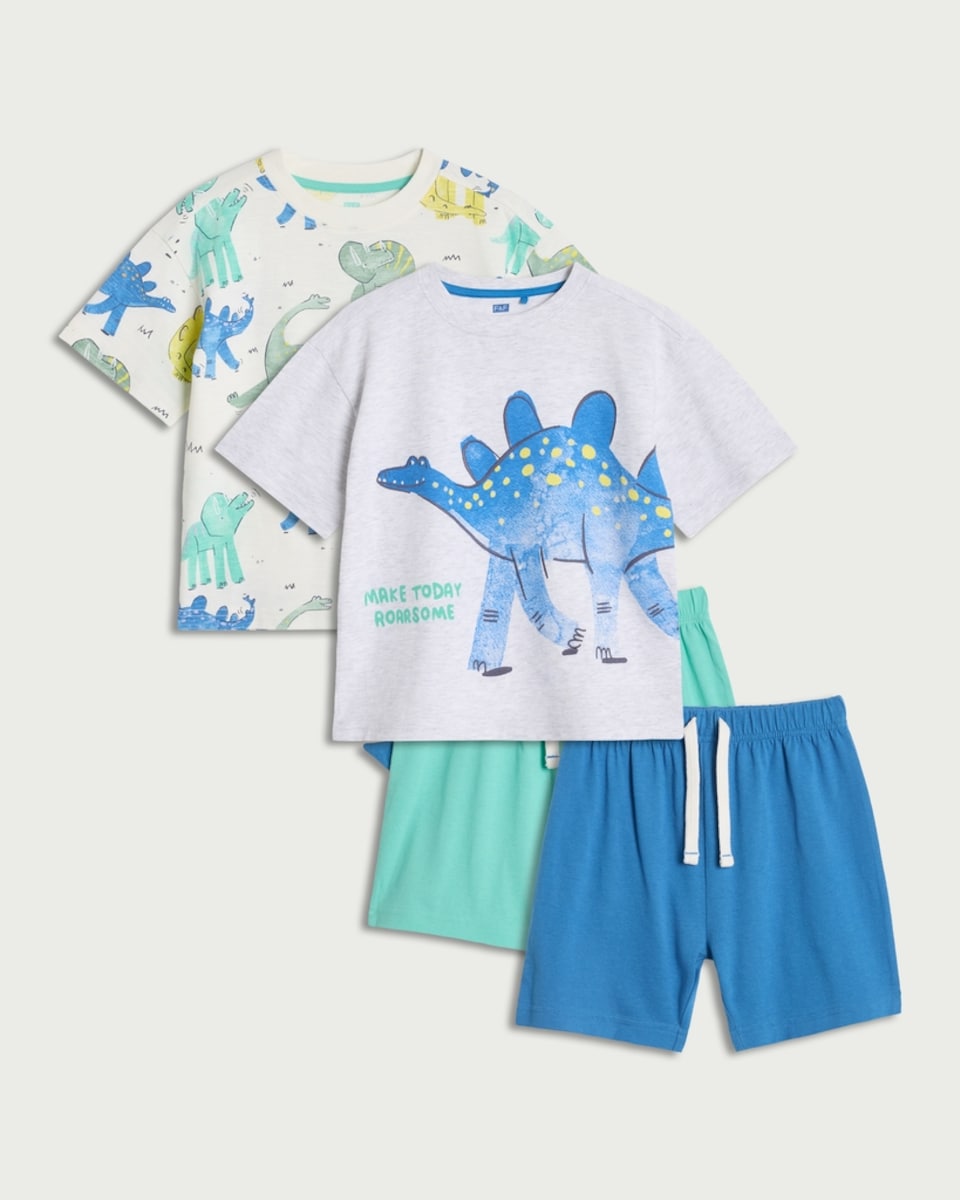 F&F Boys 2-Pack Cotton Rich Dinosaur Print Pyjama Sets in Cream