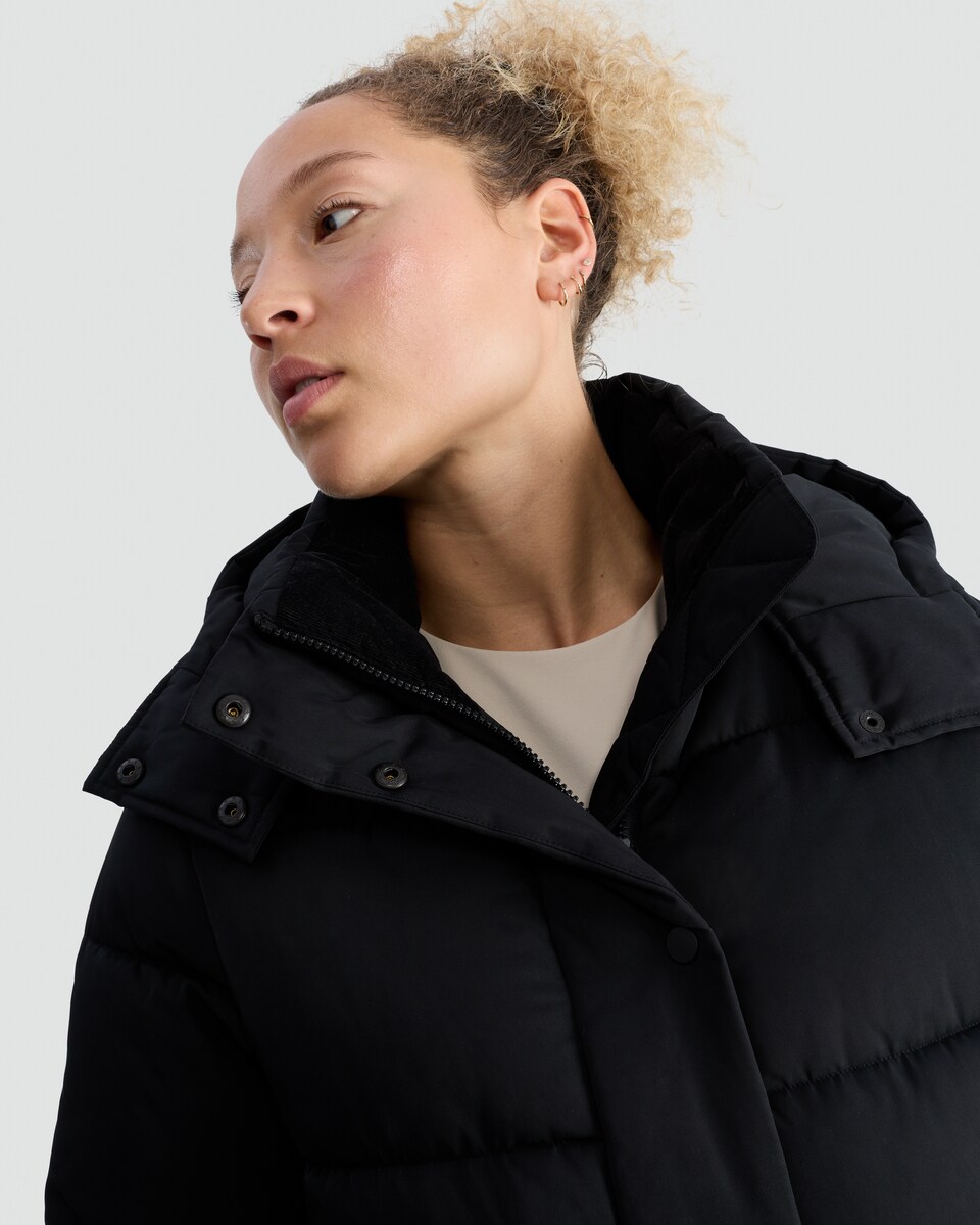 image 1 of F&F Hooded Longline Shower Resistant Puffer Coat in Black