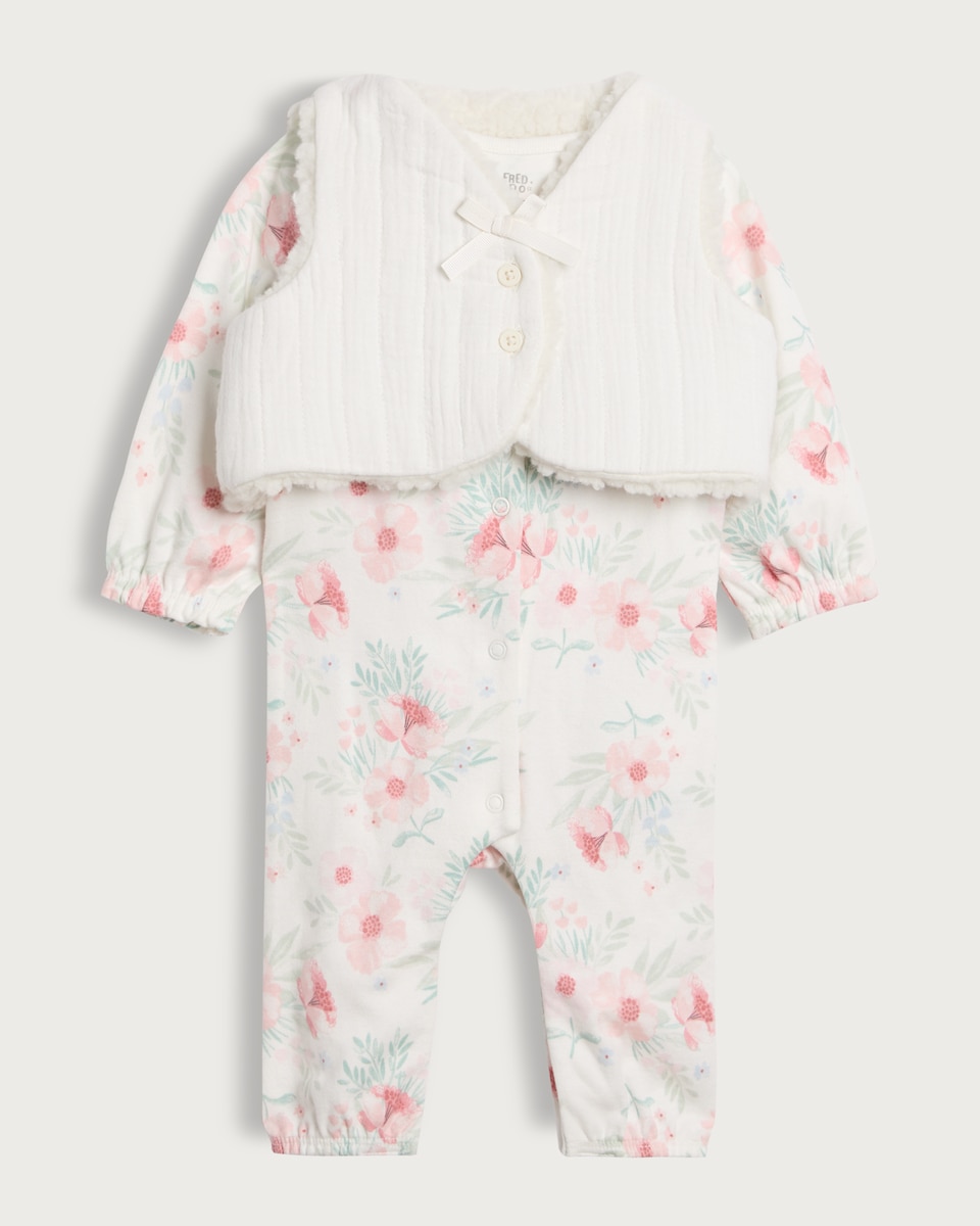 image 1 of F&F Baby 2-Piece Pure Cotton Floral Sleepsuit and Gilet Set in Multi Pink