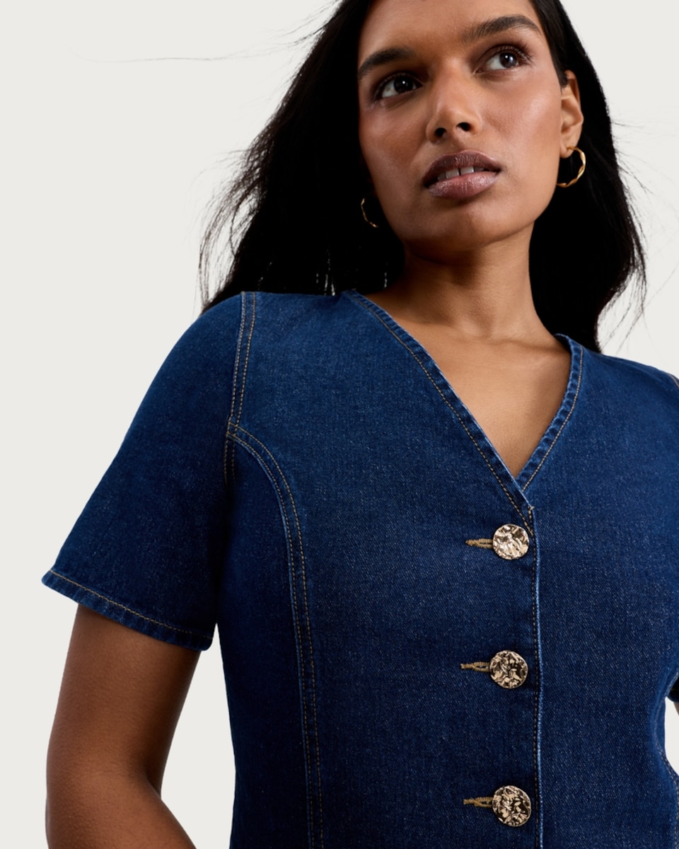 image 1 of F&F Denim Button Up Mini Dress in Navy