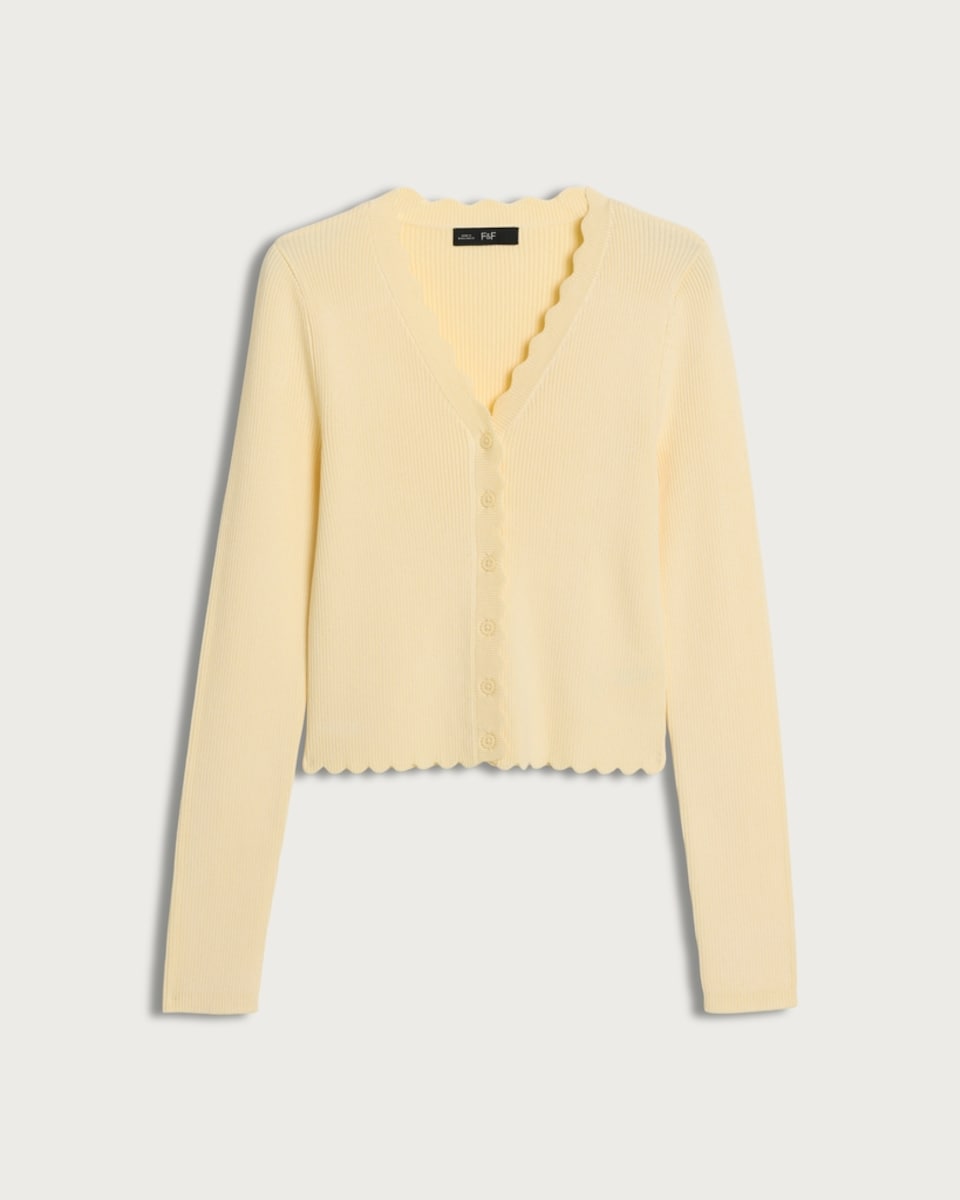 image 1 of F&F Ribbed Scalloped Edge Button Up Cardigan in Yellow