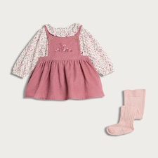 F&F Baby 3-Piece Cotton Rich Floral Bodysuit, Pinafore and Tights Set in Pink