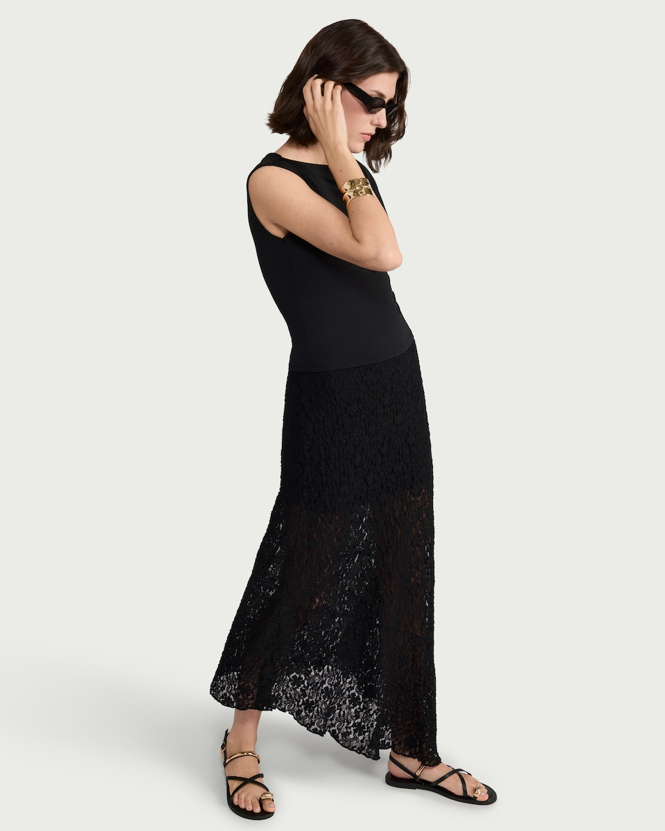 image 1 of F&F Lace Asymmetric Hem Midi Skirt in Black