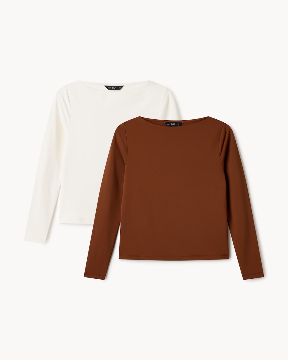 image 1 of F&F 2-Pack Polyamide Slash Neck Tops in Multi Brown