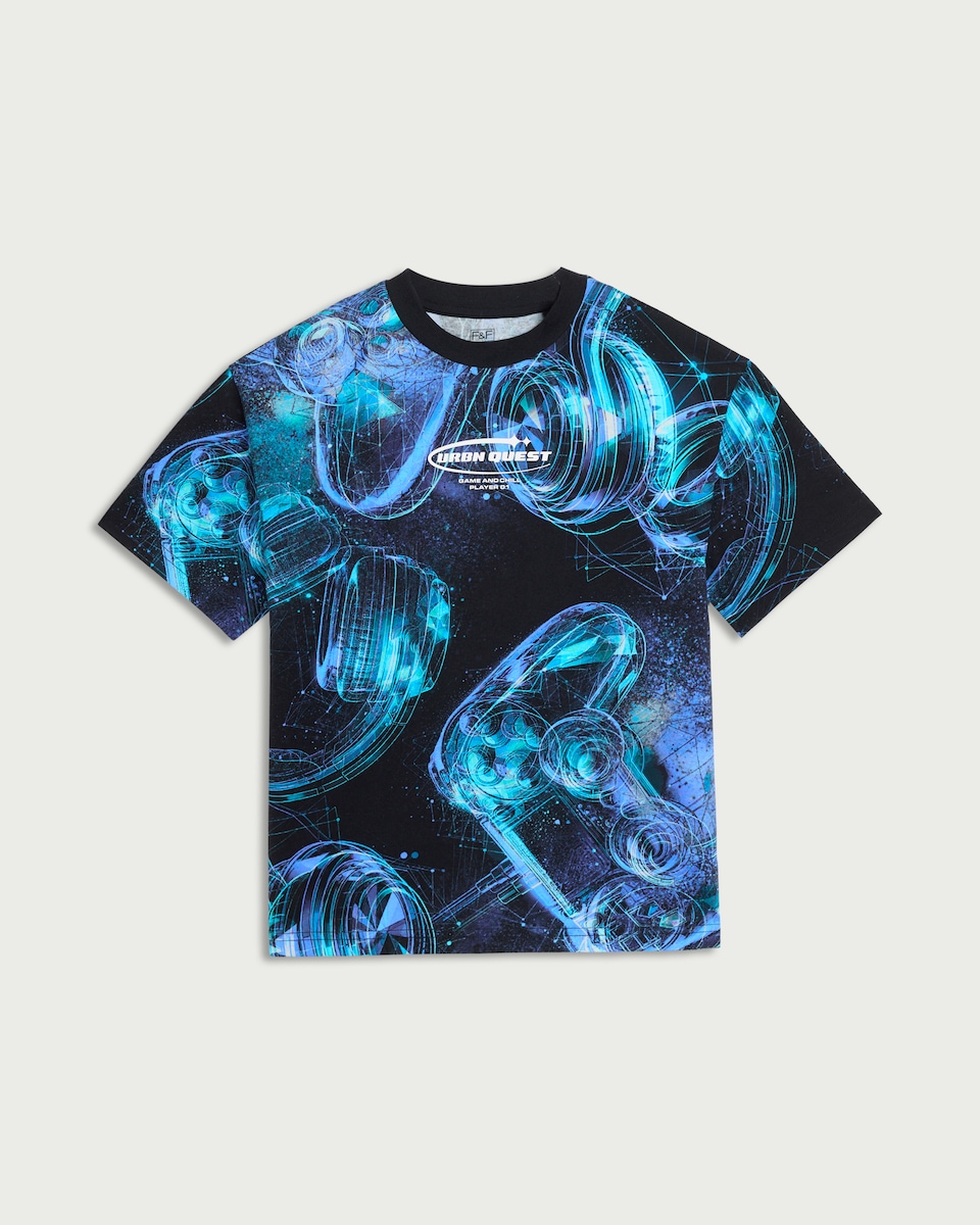 image 1 of F&F Boys Pure Cotton Printed T-Shirt in Blue
