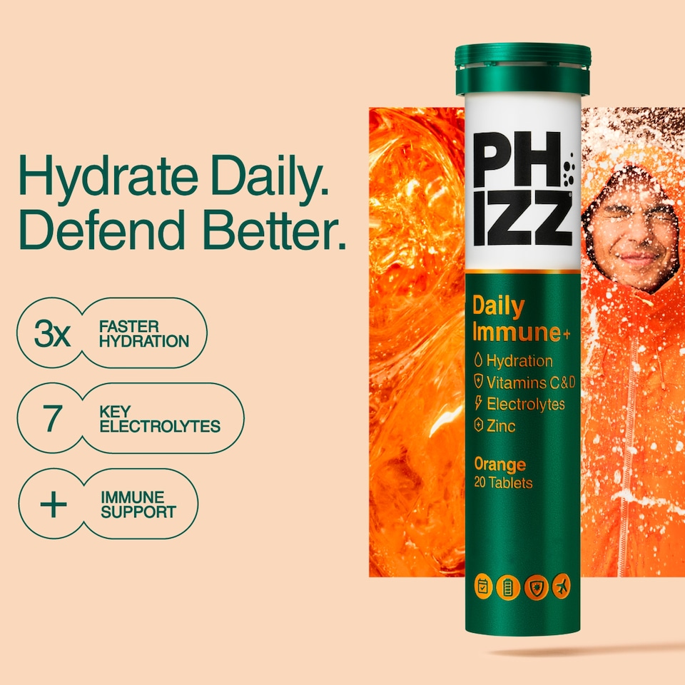 image 1 of Phizz Daily Immune+ Orange Hydration, Immunity, Electrolytes & Vitamins Effervescent Tablets x20