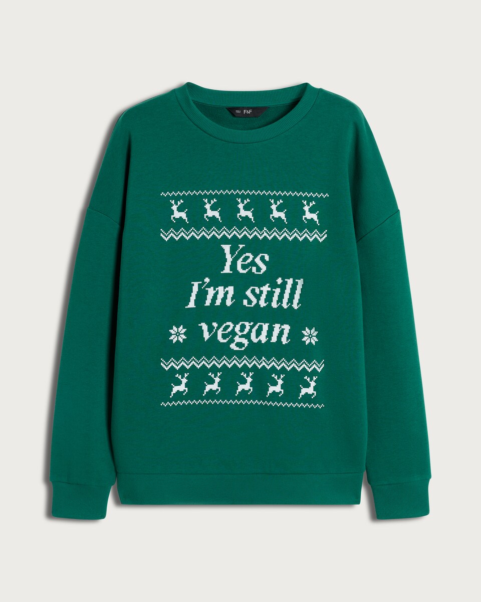 F&F Cotton Rich Yes I'm Still Vegan Slogan Christmas Sweatshirt in Green