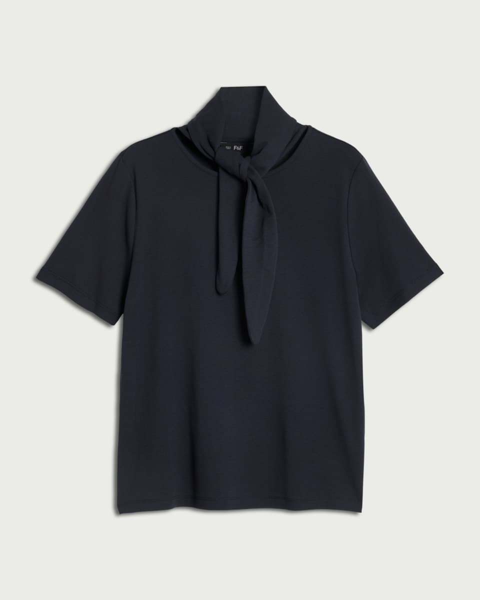 image 1 of The F&F Edit Pure Cotton Tie Neck T-Shirt in Navy