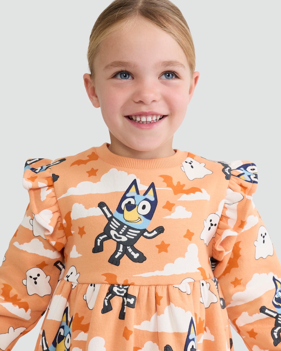 image 1 of Bluey Skeleton Print Cotton Rich Sweater Dress in Orange