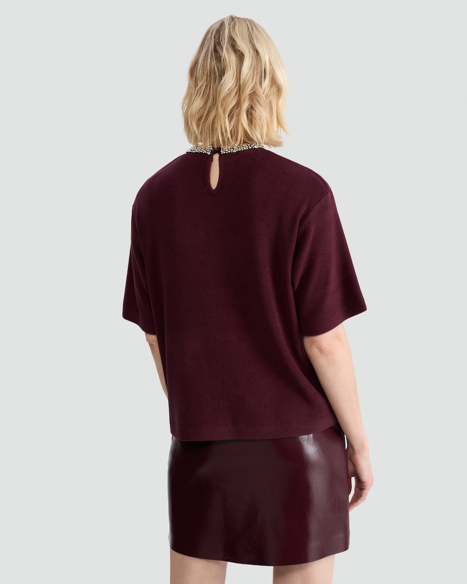 image 1 of F&F Embellished Neck Top in Burgundy