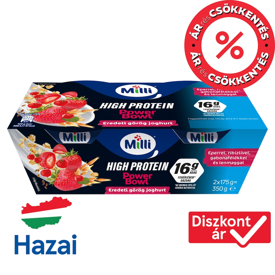 Milli Power Bowl zsírszegény eredeti görög krémjoghurt eperrel, ribizlivel 2 x 175 g (350 g)