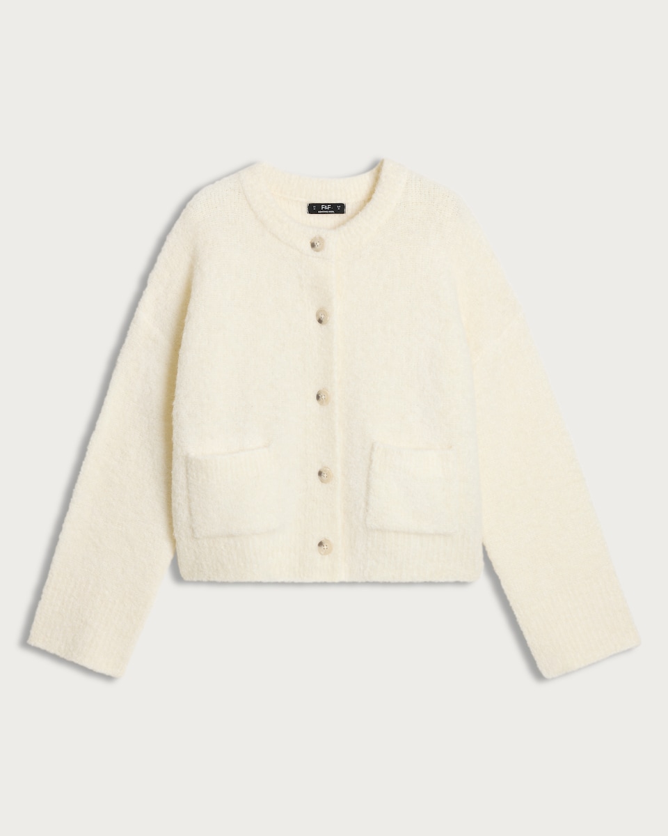 image 1 of F&F Boucle Textured Button Front Cardigan with Wool in Cream