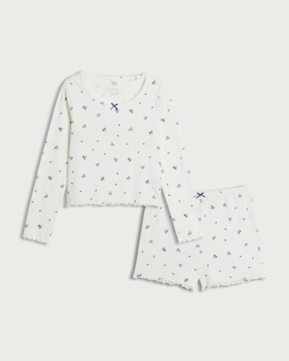 F&F 2-Piece Cotton Rich Ribbed Floral Print Pyjama Set in Multi