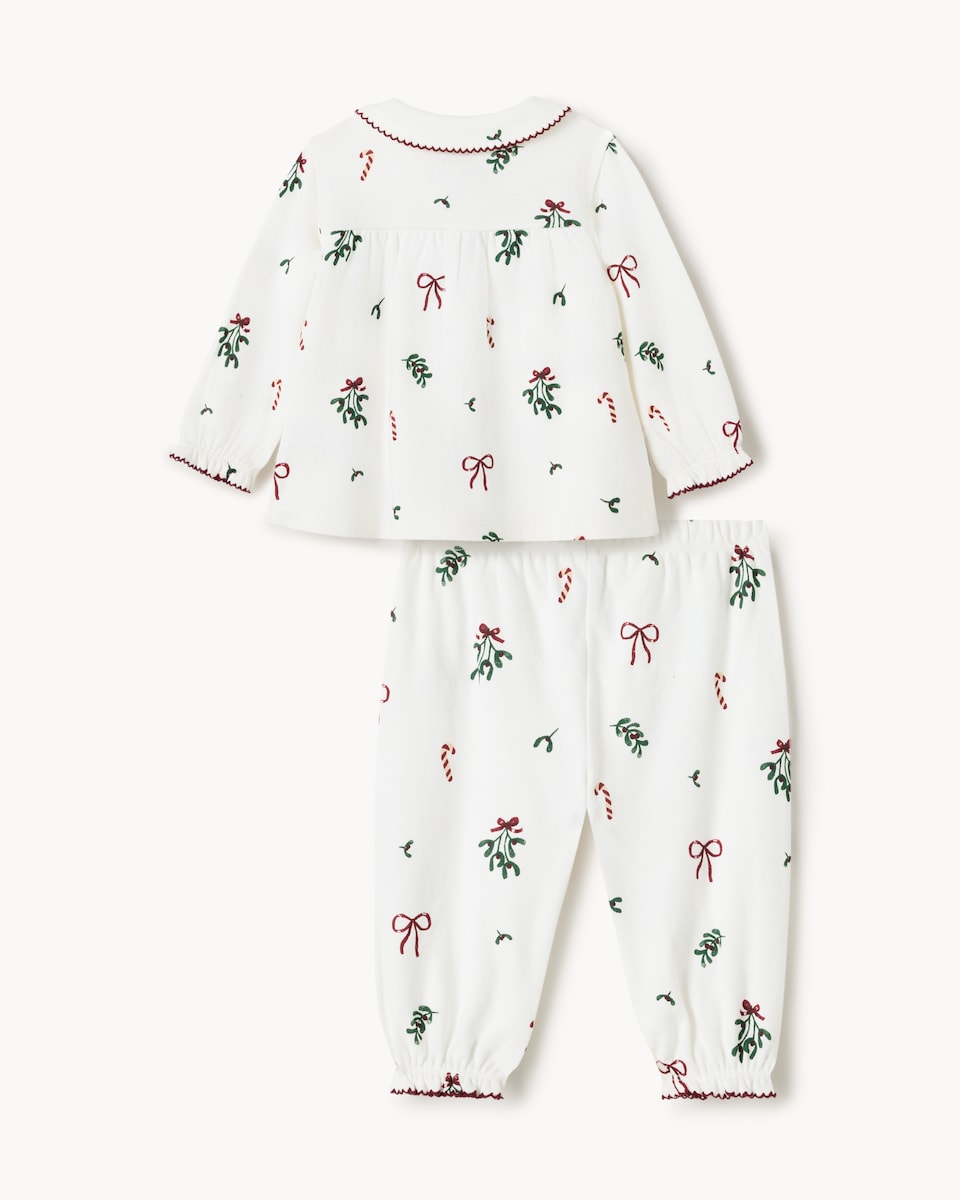image 1 of Christmas Baby Pure Cotton Mistletoe Shirt and Trouser Pyjama Set in White