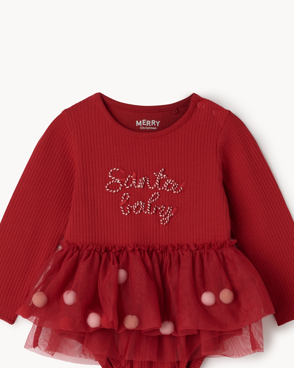 image 1 of Christmas Baby Cotton Rich Santa Tulle Bodysuit in Red