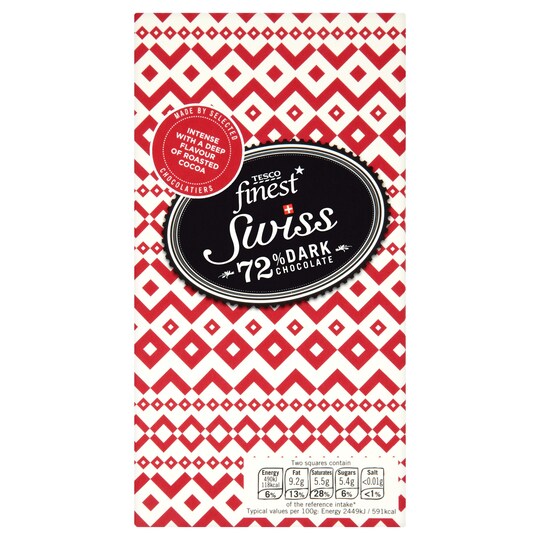 Tesco Finest Swiss 72% Dark Choc Bar 100g