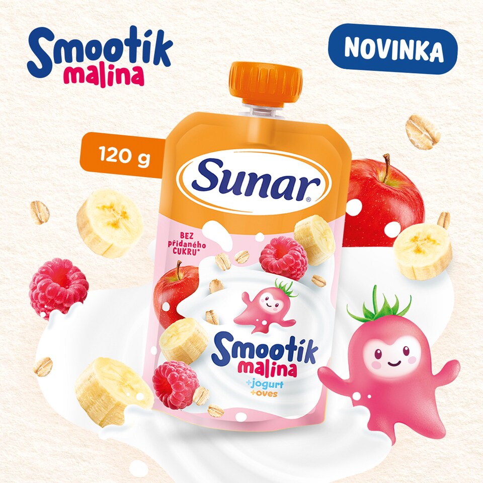 Obrázek 1 pro produkt Sunar Smootík dětská kapsička malina, jogurt, ovesné vločky 12m+, 120g