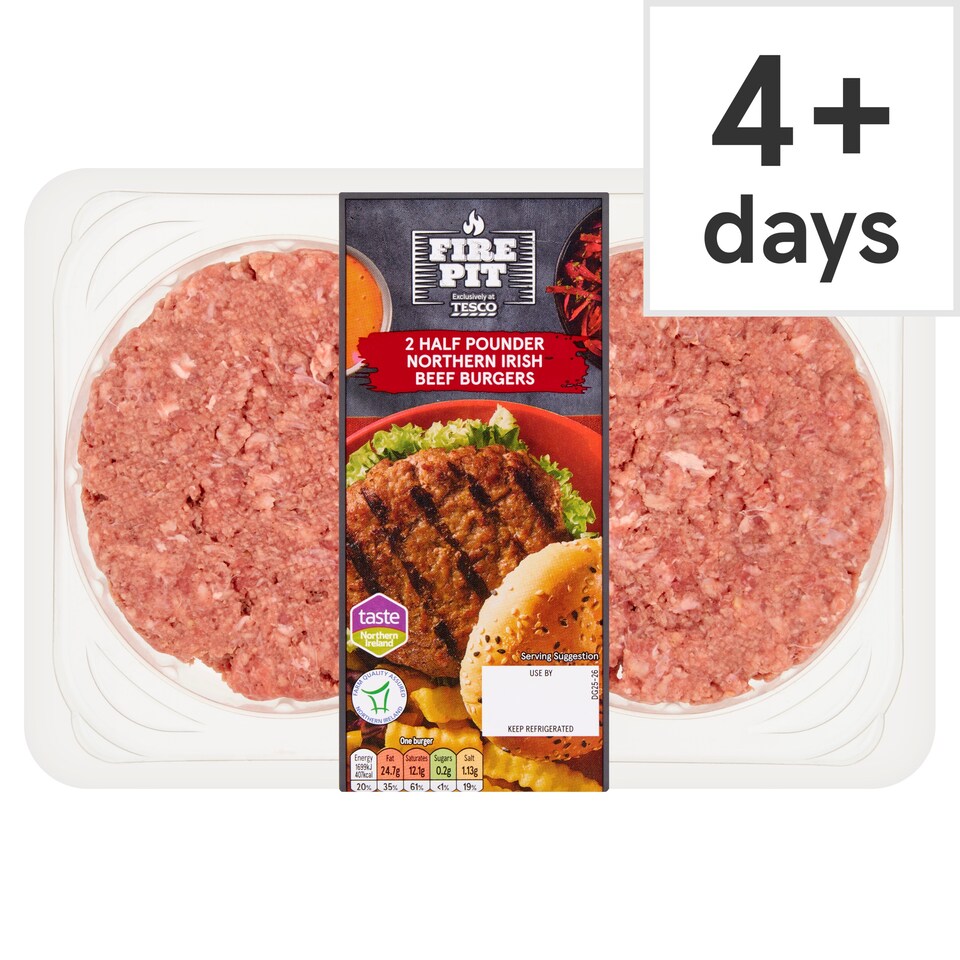 Tesco Fire Pit 2 Half Pounder Northern Irish Beef Burgers 454g