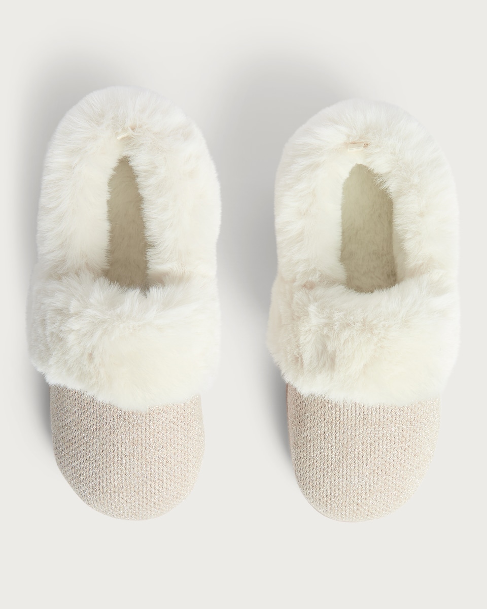 image 1 of F&F Textured Lurex Faux Fur Lined Slippers in Neutral