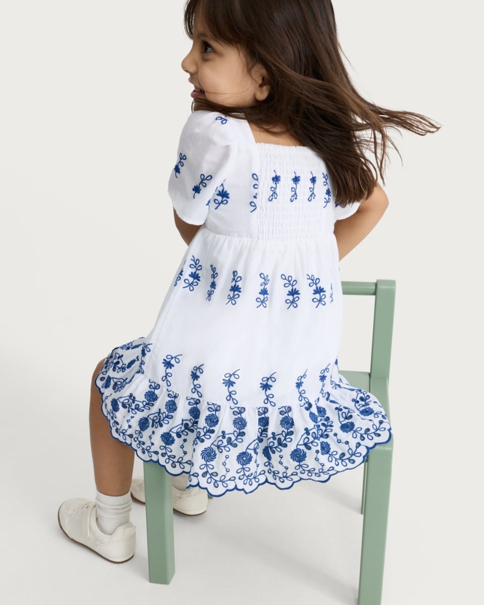 image 1 of F&F Girls Pure Cotton Embroidered Dress in White