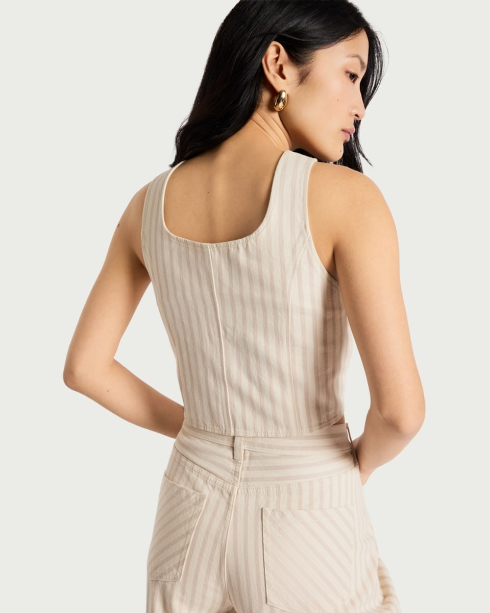 image 1 of F&F Pure Cotton Striped Buttoned Co-ord Denim Waistcoat in Neutral