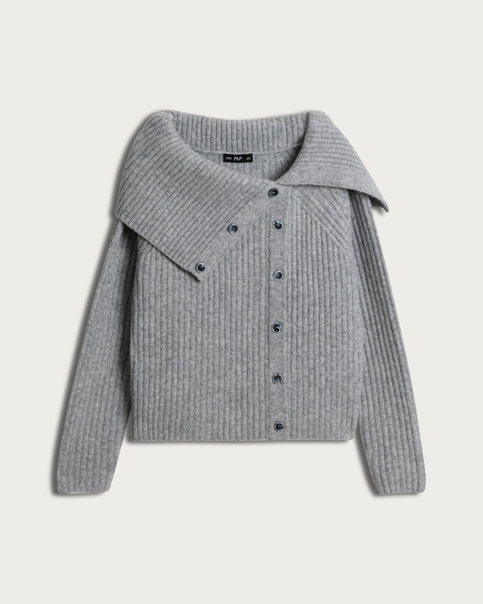 image 1 of F&F Ribbed Button Up Bardot Jumper in Grey