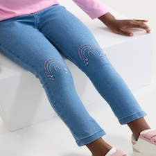 F&F Girls Cotton Rich Rainbow Embroidered Denim Jeggings in Blue