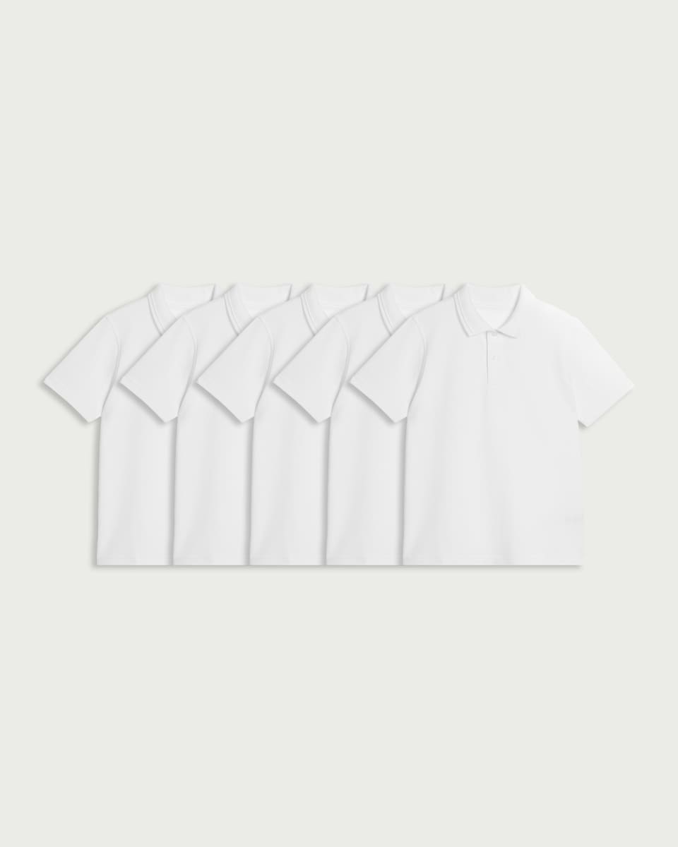 image 1 of F&F School Unisex 5-Pack Pure Cotton Polo Shirts in White