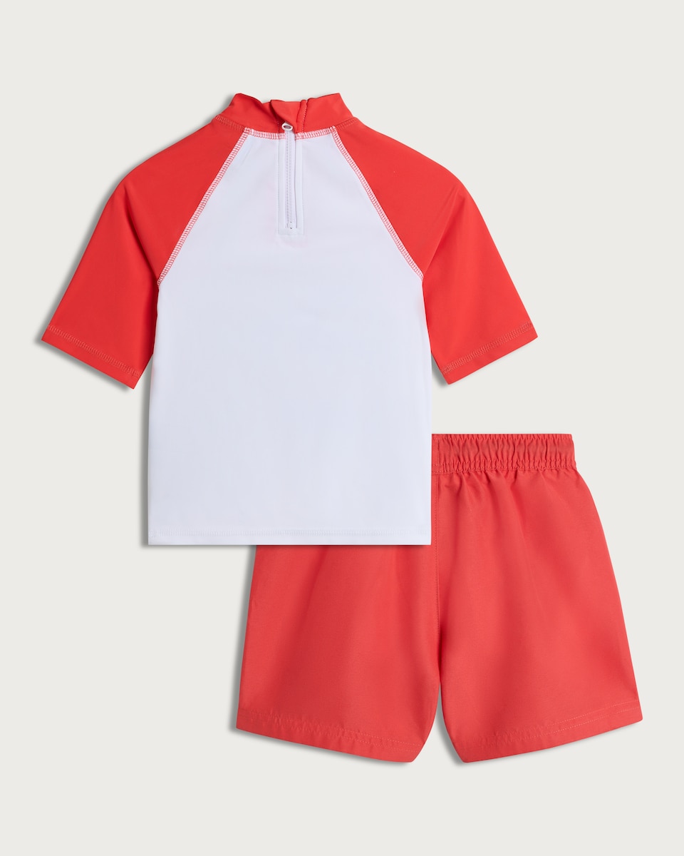 image 1 of Hot Wheels 2-Piece Rash Vest and Swim Shorts Set in Red