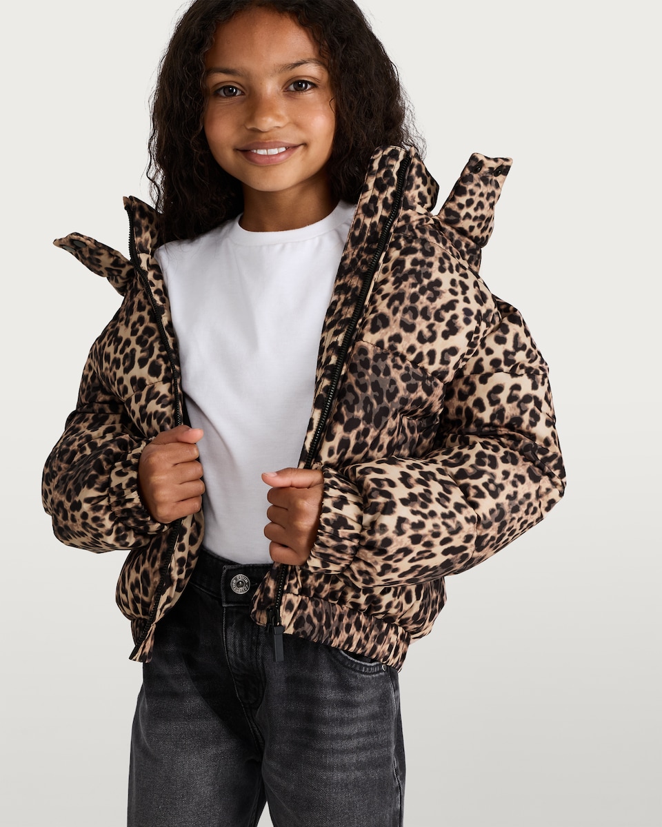 image 1 of F&F Girls Cropped Leopard Print Hooded Shower Resistant Jacket in Multi Brown