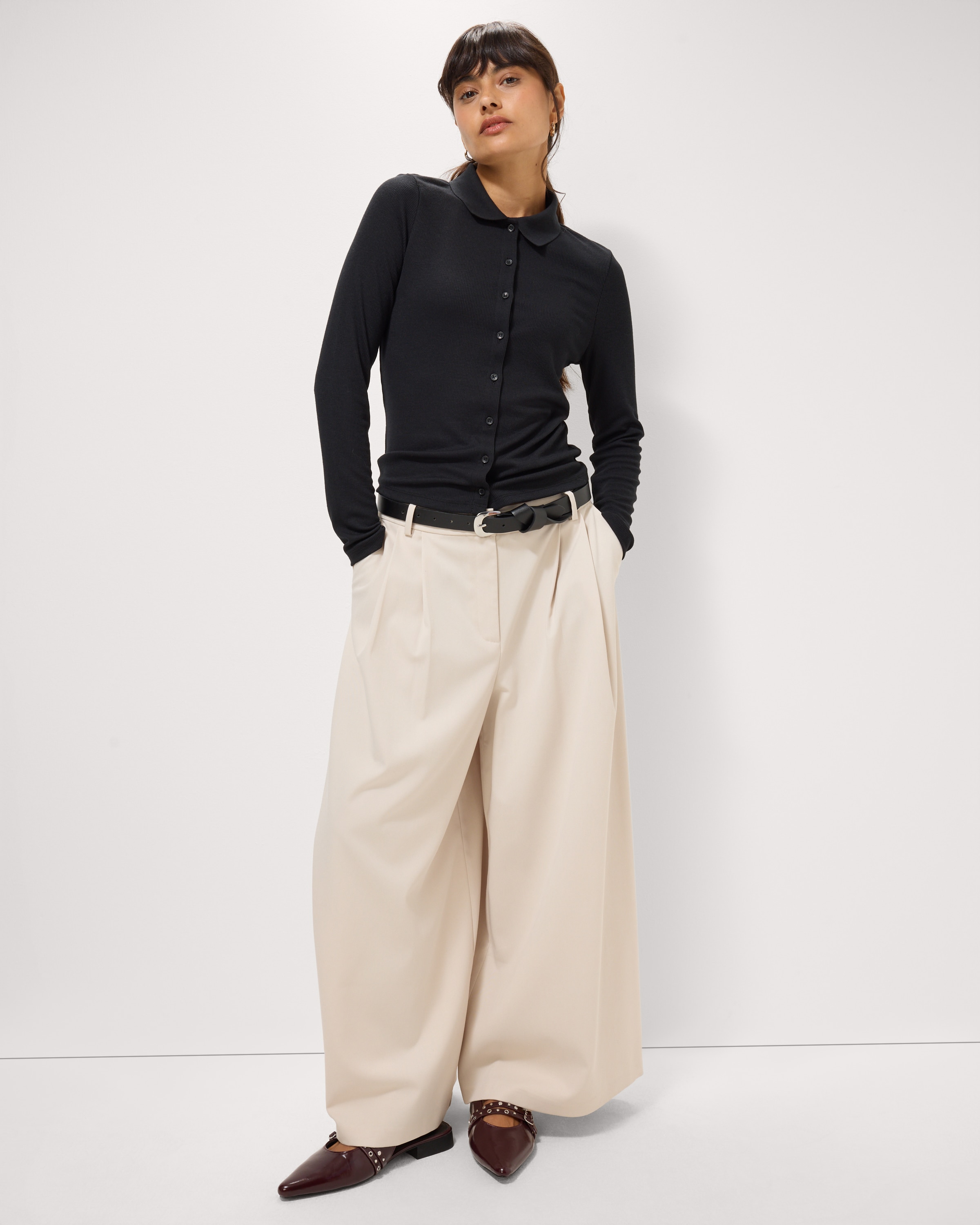 F&F Ribbed Button Through Top in Black