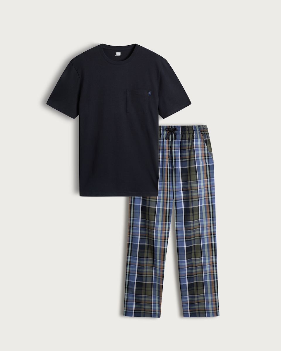 image 1 of F&F Pure Cotton Check Print Pyjama Set in Navy