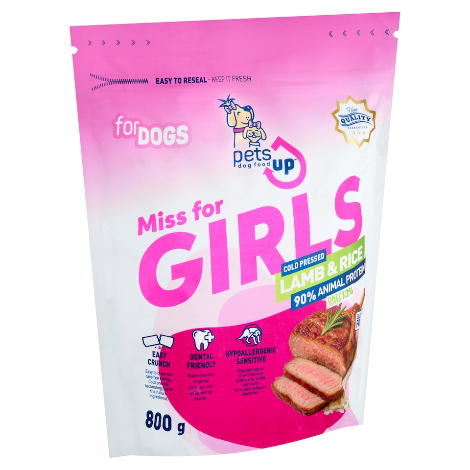 PetsUp Miss for Girls érzékeny kutyák igényeihez igazodó bárány és rizs alapú prémium kutyatáp 800 g  1. kép