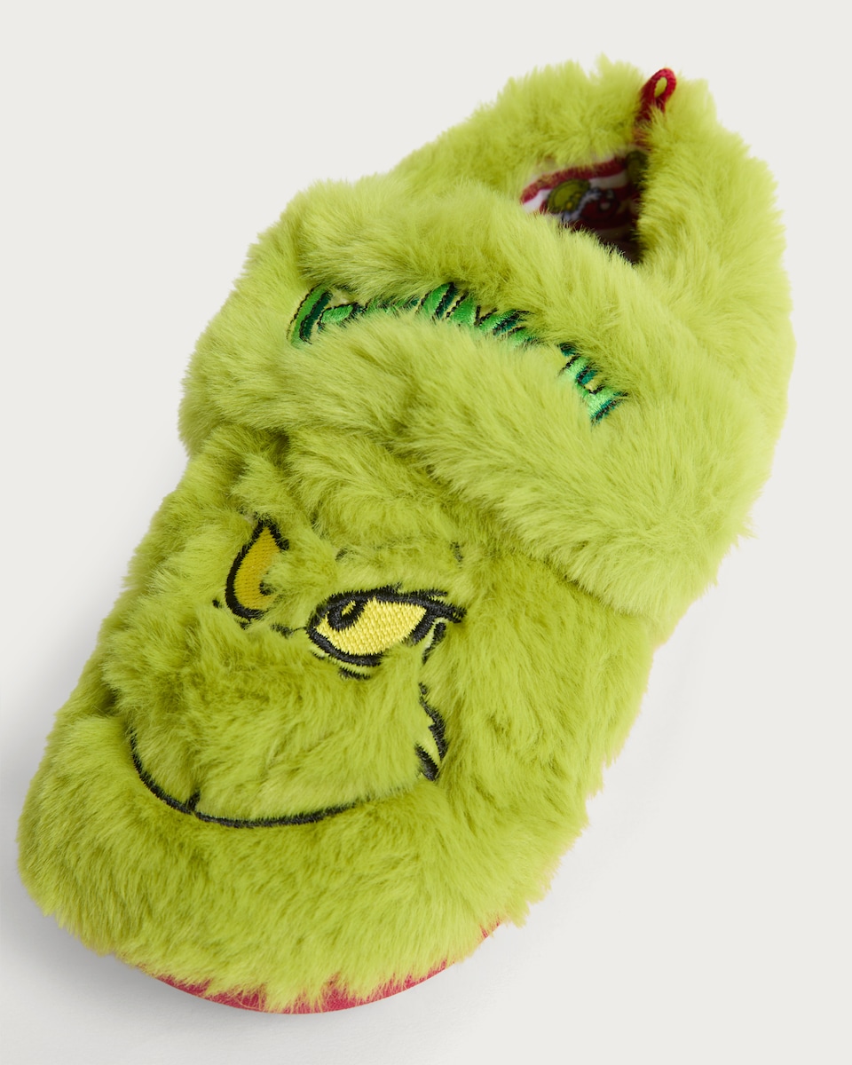 image 1 of The Grinch Fluffy Cupsole Slippers in Green