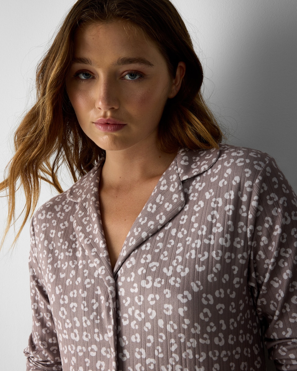 image 1 of F&F Pointelle Animal Print Revere Pyjama Set in Neutral