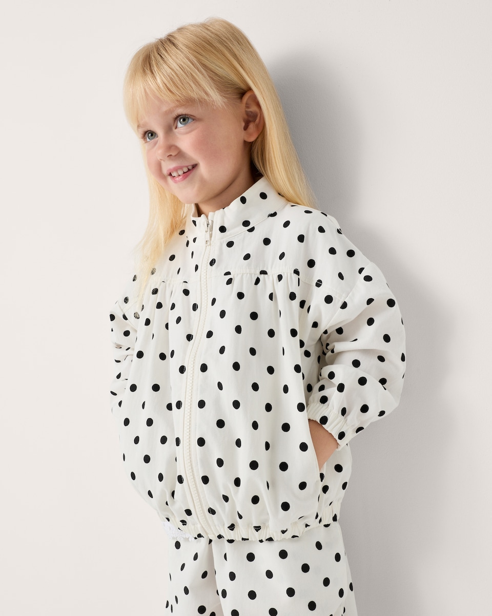 image 1 of F&F Girls Pure Cotton Polka Dot Funnel Neck Jacket in Cream