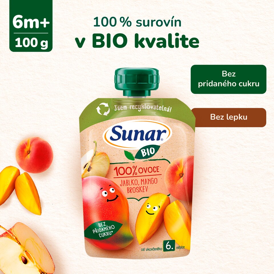 obrázok 1 z Sunar BIO ovocná kapsička Jablko, mango, broskyňa 6m+, 100 g
