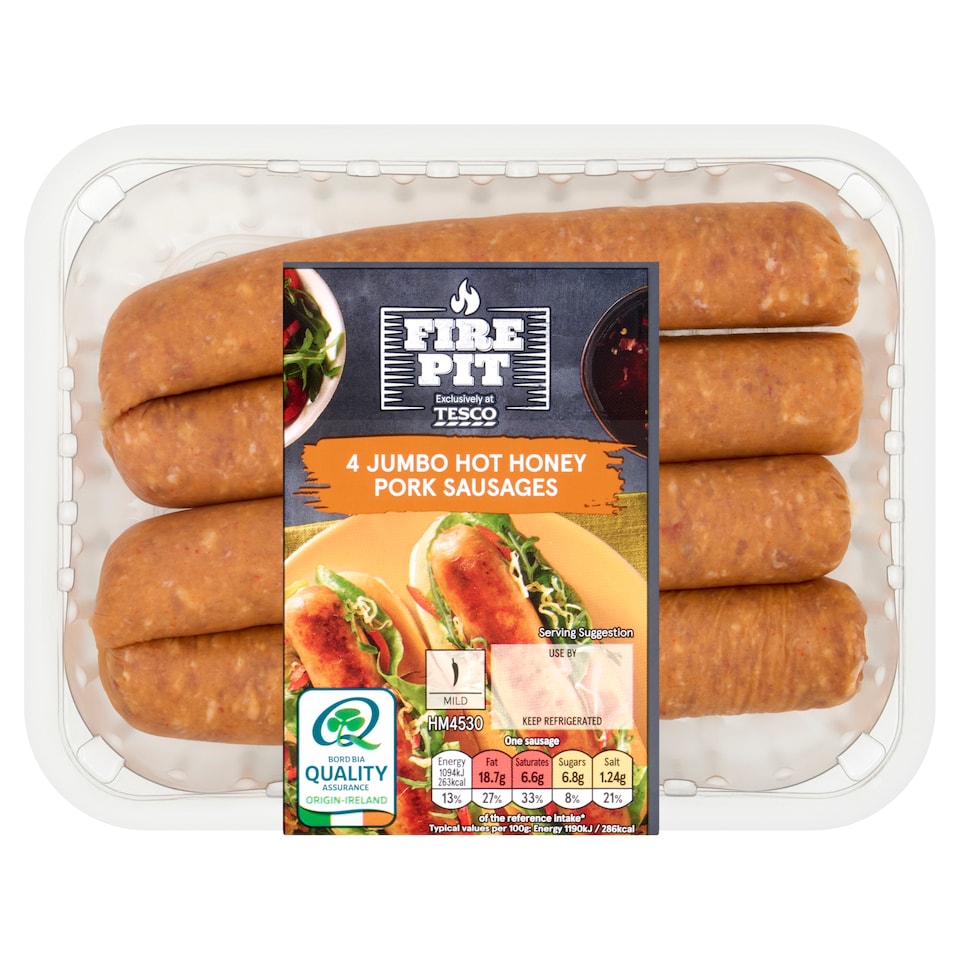 Tesco Fire Pit 4 Jumbo Hot Honey Pork Sausages 400G