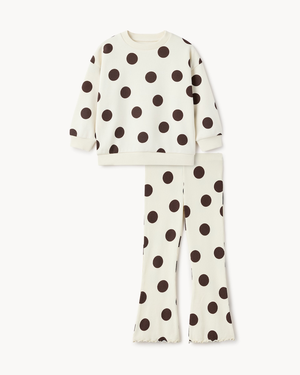 image 1 of F&F Girls Cotton Rich Polka Dot Sweatshirt and Flared Leggings Set in Cream