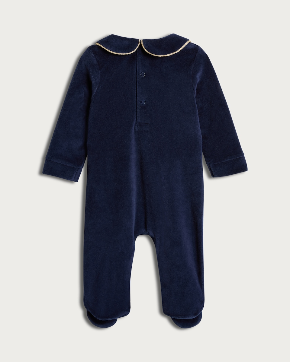 image 1 of F&F Baby Cotton Rich Velour Teddy Bear Sleepsuit in Navy