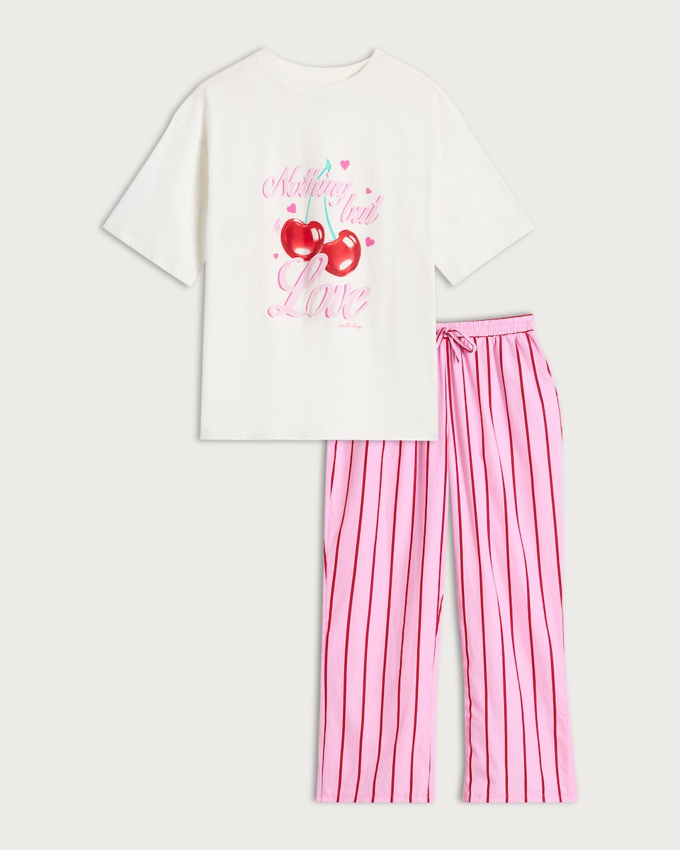 image 1 of F&F Pure Cotton Cherry Print Pyjama Set in Multi Pink