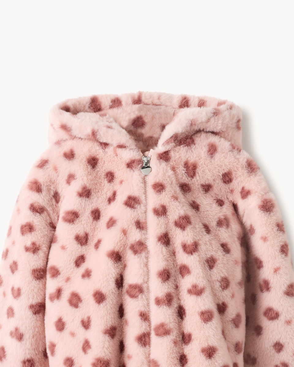 image 1 of F&F Girls Faux Fur Animal Print Jacket in Pink