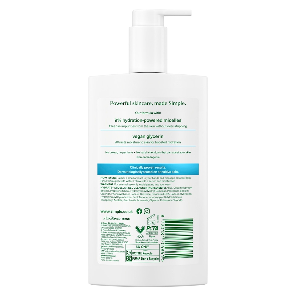 image 1 of Simple Hydrate+ Micellar Gel Cleanser 240ml