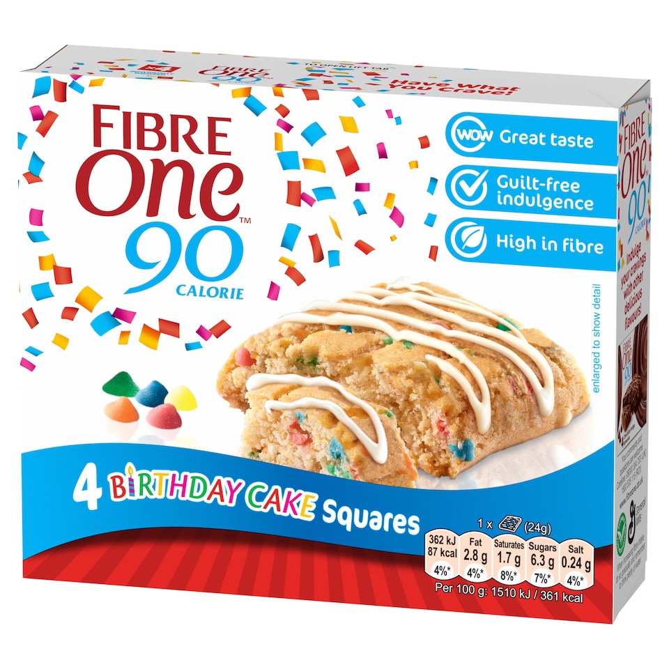 image 1 of Fibre One 90 Calorie Birthday Cake Squares Snack Bars 4 x 24g